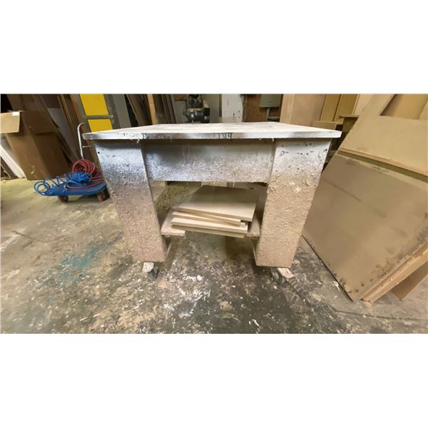 WOODEN MOBILE 2 TIER SHOP TABLE APPROX 37"W X 37"D X 34"H *CONTENTS NOT INCLUDED*