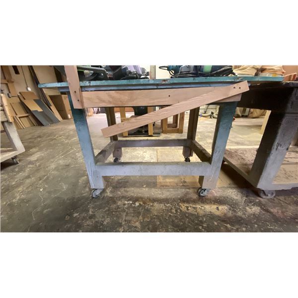 WOODEN MOBILE 2 TIER SHOP TABLE APPROX 50"W X 28"D X 33"H