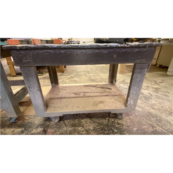 WOODEN MOBILE 2 TIER SHOP TABLE APPROX 45"W X 29"D X 31"H