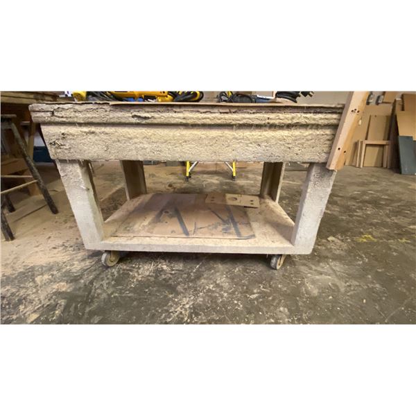 WOODEN MOBILE 2 TIER SHOP TABLE APPROX 44"W X 30"D X 30"H