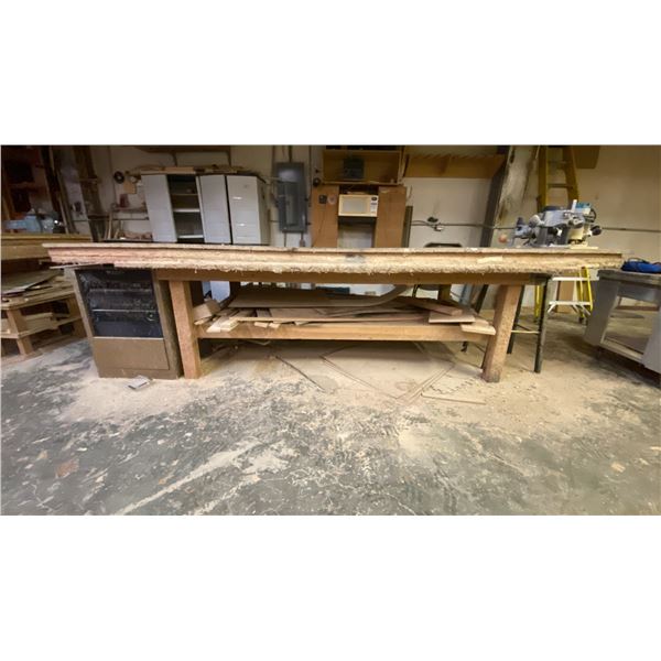 WOODEN SHOP TABLE WITH ASSORTED WOOD PIECES APPROX 122"L X 62"D X 35"H