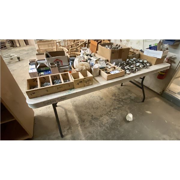 LARGE GROUP OF ASSORTED HARDWARE & GREY PLASTIC FOLDING TABLE