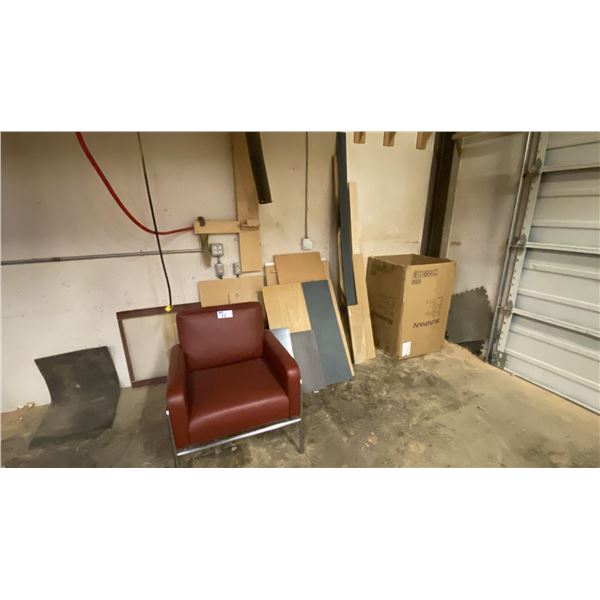 RED LEATHER ARM CHAIR & GROUP OF ASSORTED WOOD