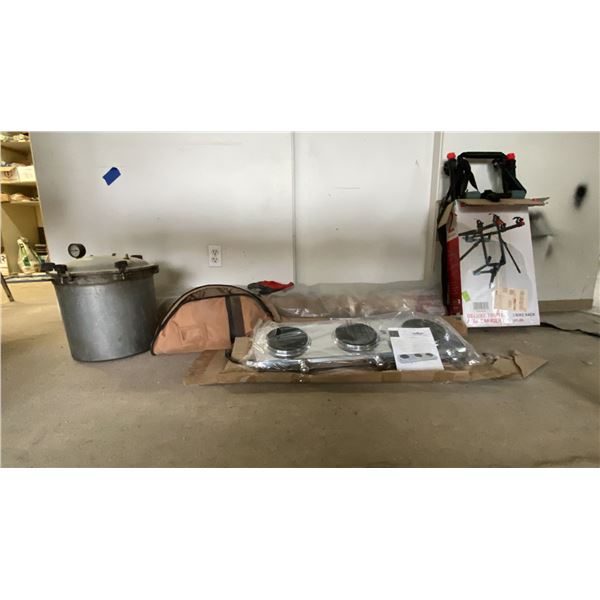 GROUP OF ASSORTED ITEMS- RUG, GUN CASE, BIKE CARRIER, PRESSURE COOKER & 3 BURNER ELECTRIC BUFFET