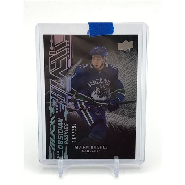 2019-20 UPPER DECK BLACK OBSIDIAN ROOKIES QUINN HUGHES TRADING CARD 164/299