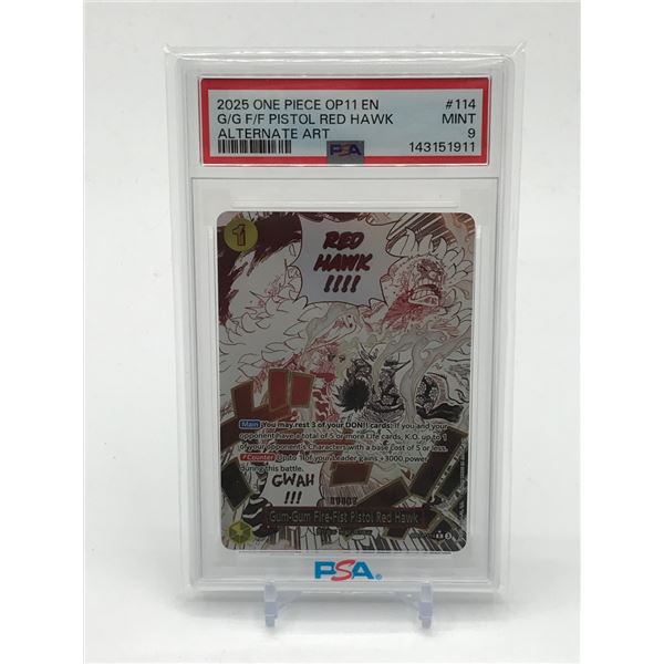 2025 ONE PIECE OP11 EN G/G F/F PISTOL RED HAWK ALTERNATIVE ART TRADING CARD - PSA GRADE 10