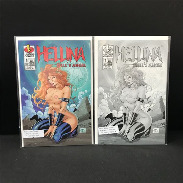 LOT OF 2 HELLINA HELL'S ANGEL #1 NUDE COVER WITH CERTIFICATE - LIGHTENING COMICS