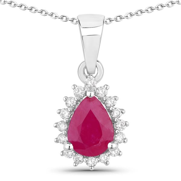 Plated Rhodium 0.80ct Ruby and Lab Diamond Pendant with Chain