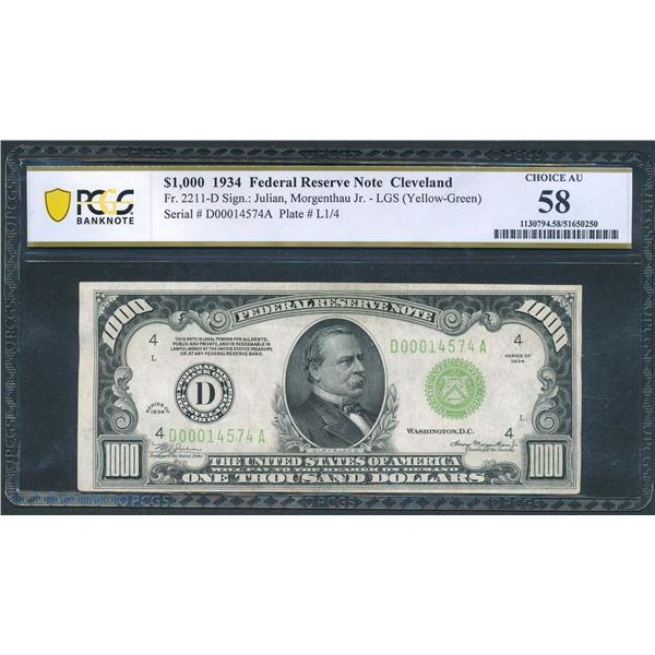 1934 $1000 Cleveland FRN PCGS 58