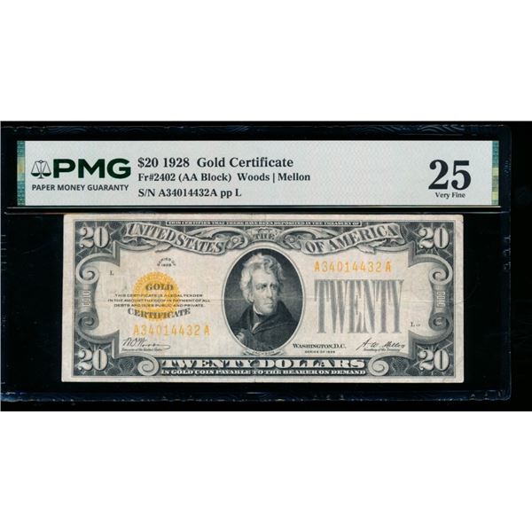 1928 $20 Gold Certificate PMG 25