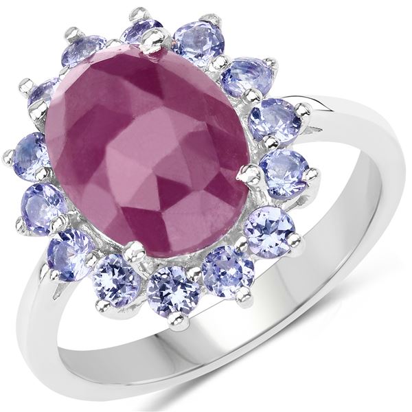 Plated Rhodium 5.53ctw Pink Sapphire and Tanzanite Ring