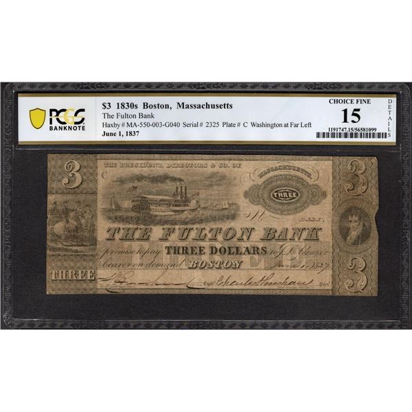 1830s $3 Boston MA Note PCGS 15