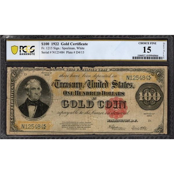 1922 $100 Gold Certificate PCGS 15