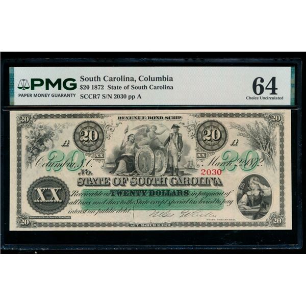 1872 $20 Columbia SC Obsolete PMG 64