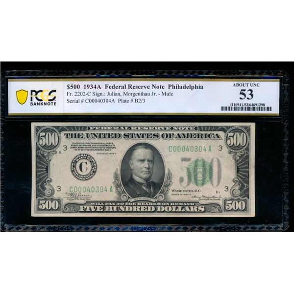1934A $500 Philadelphia FRN PCGS 53
