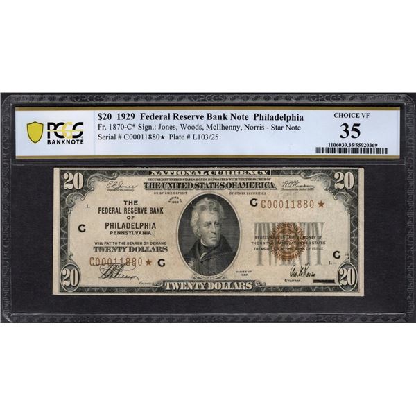 1929 $20 STAR Philadelphia FRBN PCGS 35