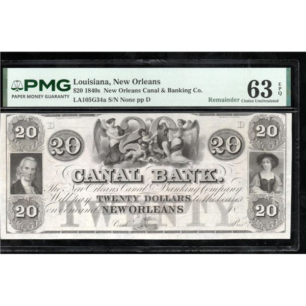 1850s $20 New Orleans LA Obsolete PMG 63EPQ