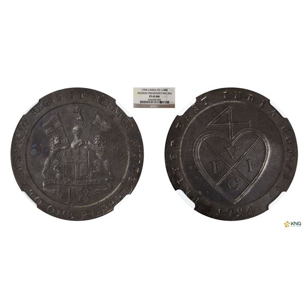 Madras Presidency, Copper Dub (1/48 Rupee), Soho Mint, NGC PF 65BN, Rare