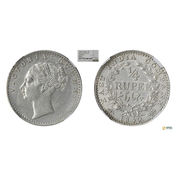 EIC, Victoria Queen, Continuous Legend, 1840C, 1/4 Rupee, Indian head, NGC MS61