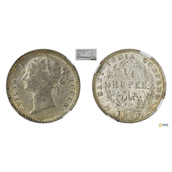 EIC, Victoria Queen, Divided Legend, 1840 C&B, 1/4 Rupee, NGC MS63