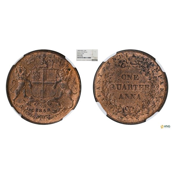 EIC, 1858, Copper 1/4Anna, Single Leaf, NGC MS 64RB