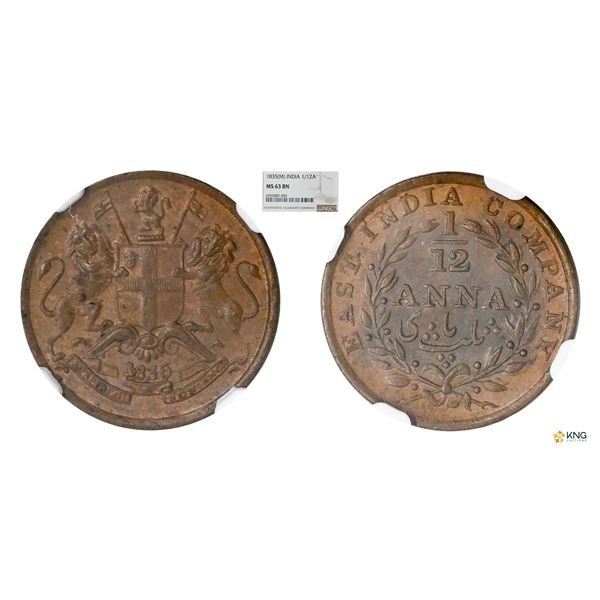 EIC, 1835 (M), Copper 1/12Anna, NGC MS63 BN