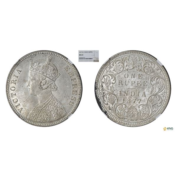 Victoria Queen, Silver rupee, 1877 (C), A/I. NGC MS 63, Scarce
