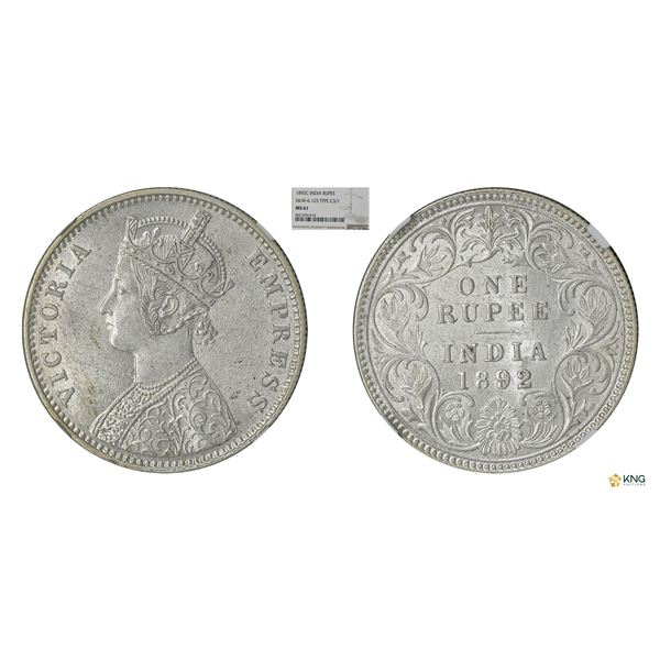 Victoria Queen, Silver rupee, 1892 (C), C3/I. NGC MS 61