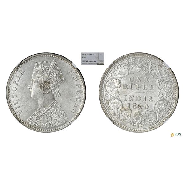 Victoria Queen, Silver rupee, 1893 (C), C3/I. NGC MS 62