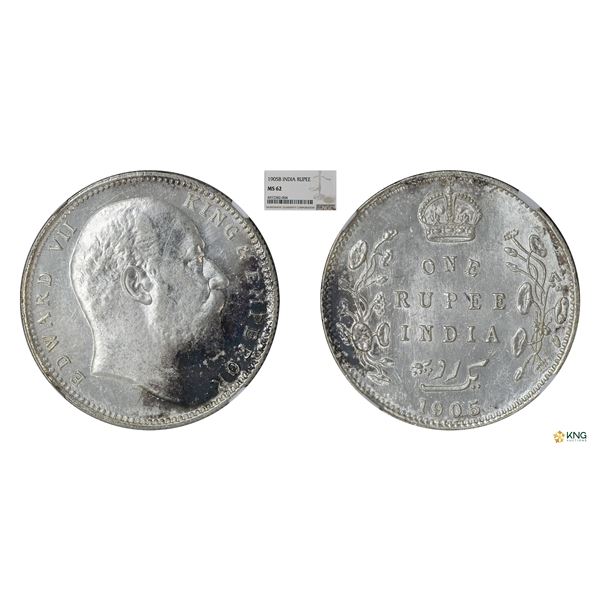Edward VII, Silver Rupee 1905B, NGC MS 62