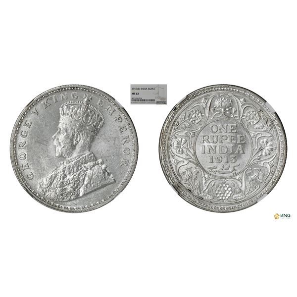 George V, Silver Rupee, 1913(B), MS62, Scarce
