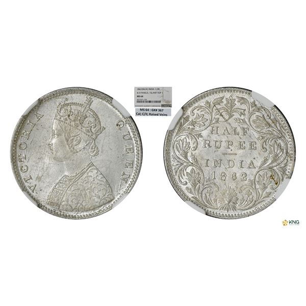 Victoria Queen, 1/2Rupee, 1862(B&M), NGC MS 64