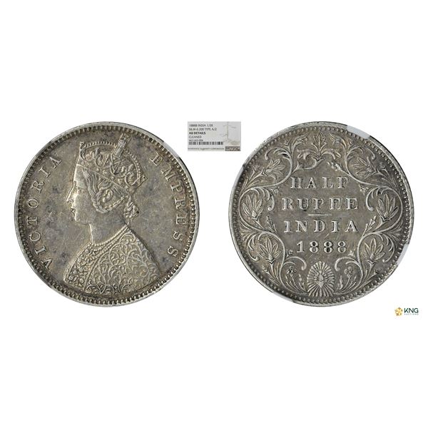 Victoria Empress, 1/2Rupee, 1888B, NGC AU Details