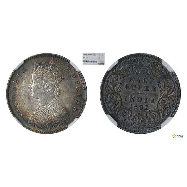 Victoria Empress, 1/2Rupee, 1892C, NGC AU 58