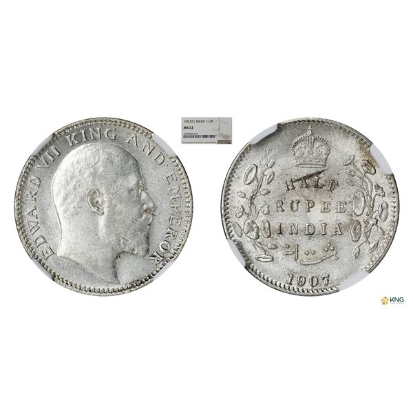 Edward VII, 1907(C), 1/2Rupees, NGC MS62