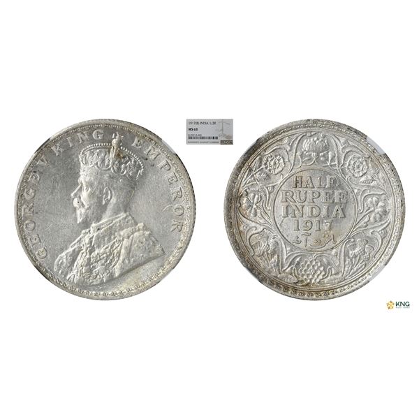 George V, 1917(B), 1/2Rupees, NGC MS 63