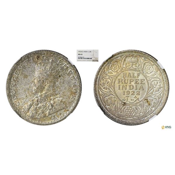 George V, 1/2Rupee, 1922(C), NGC MS 63, Scarce