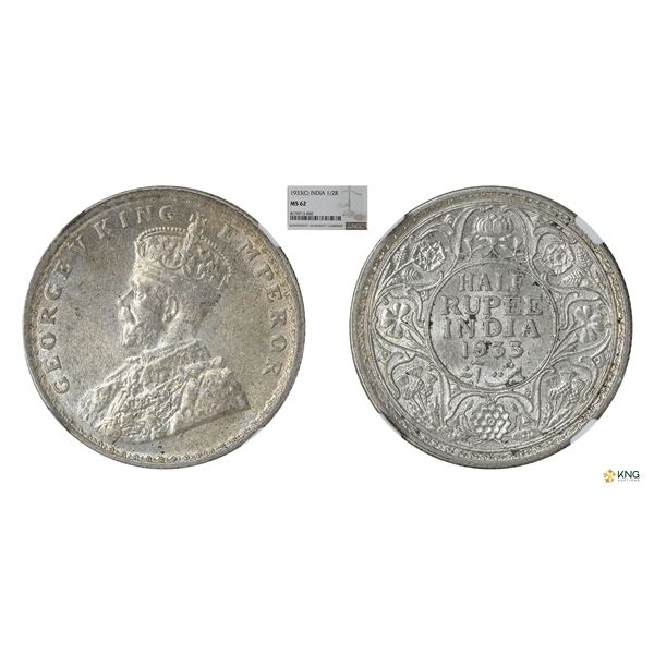 George V, 1933C, 1/2 Rupee, NGC MS 62