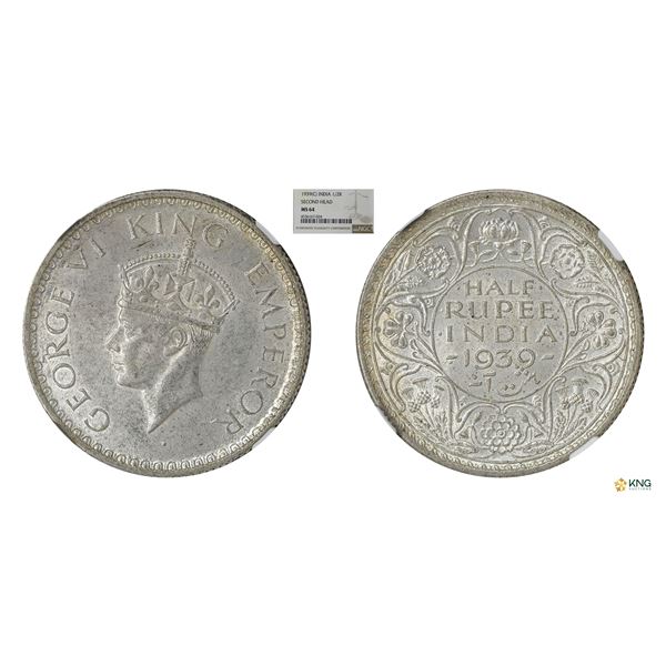 George VI, 1939C, 1/2Rupee, Matured Head, NGC MS64, Rare