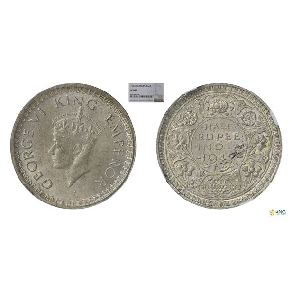 George VI, 1942B, 1/2Rupees, NGC MS63