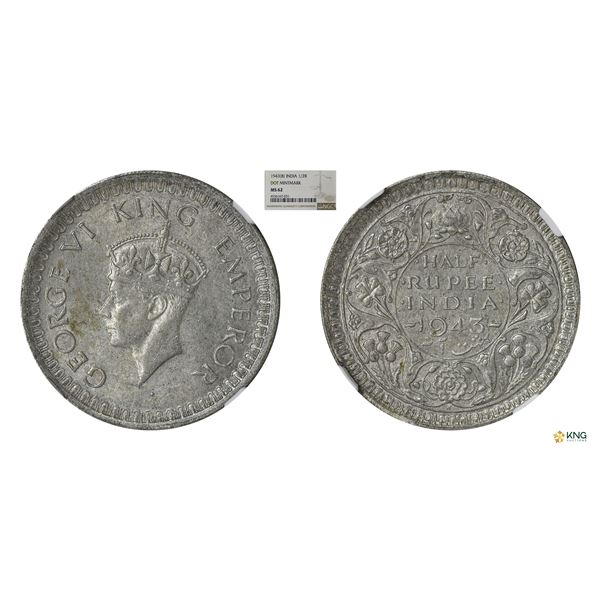 George VI, 1943B, 1/2Rupees, NGC MS62, Scarce