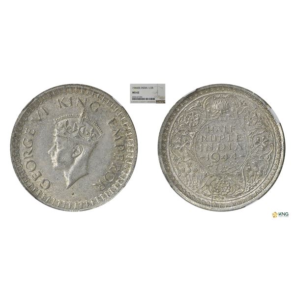 George VI, 1944B, 1/2Rupees, NGC MS62