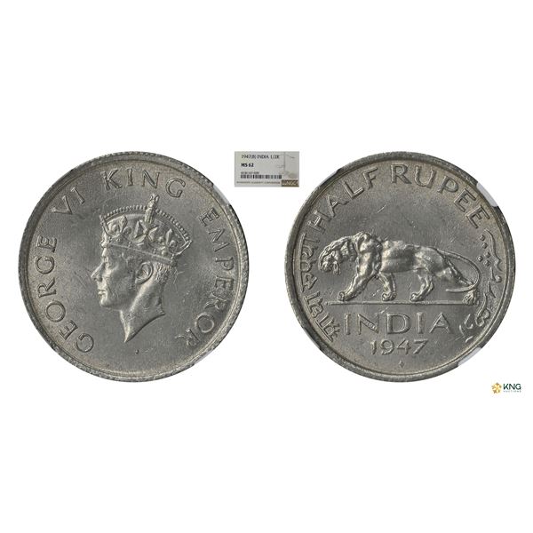 George VI, 1947B, 1/2Rupee, NGC MS62
