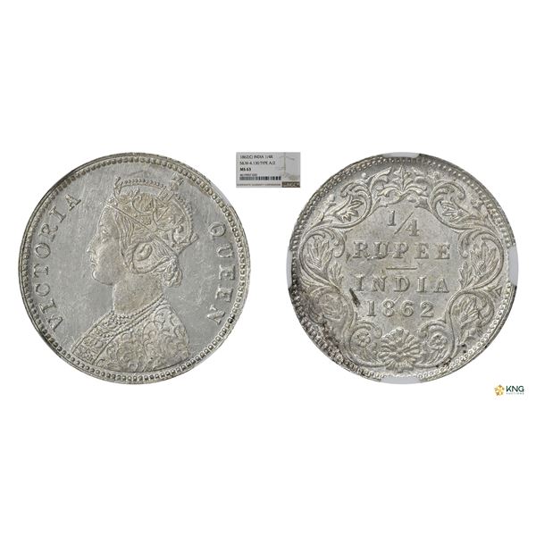 Victoria Queen, 1862C, 1/4 Rupee, NGC MS63