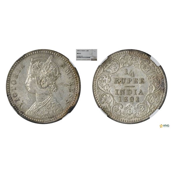 Victoria Empress, 1891C, 1/4Rupee, NGC MS61, Scarce