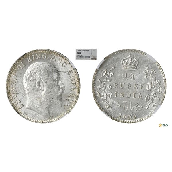 Edward VII, 1905(C), 1/4 Rupees , MS64, Rare Grade