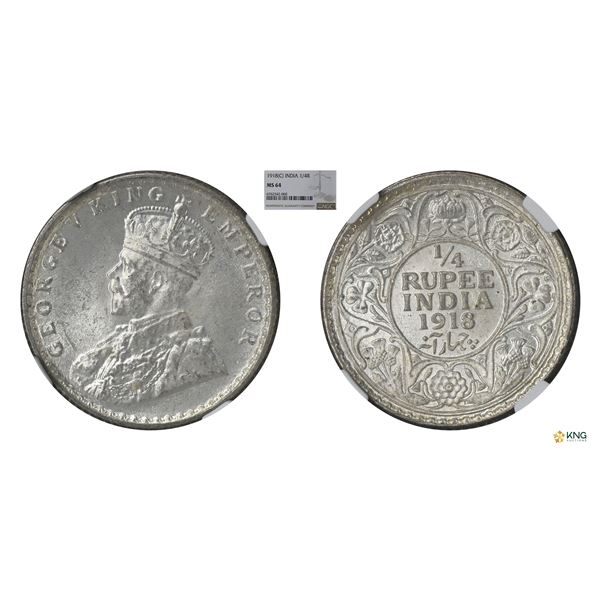 George V, 1918C, 1/4Rupee, NGC MS 64
