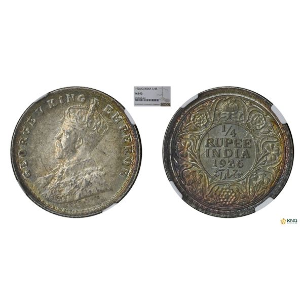 George V, 1926C, 1/4Rupee, NGC MS 63, Rainbow toned
