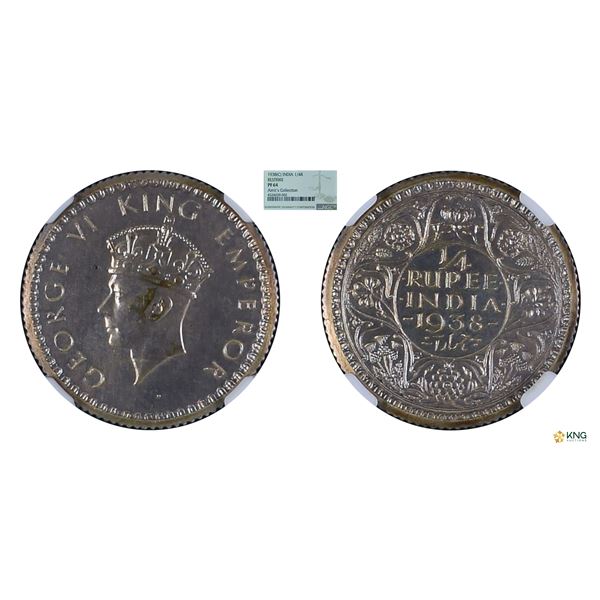 George VI, Silver Â¼ Rupee, 1938 C, First Head, A/I, no mm, NGC Restrike PF 64. Rare.