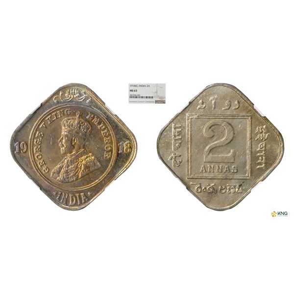 George V, 2Anna, 1918(C), NGC MS 63, Rainbow toned